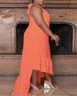Plus Size Women Dress Office Solid Color Halter Irregular Asymmetric Dress