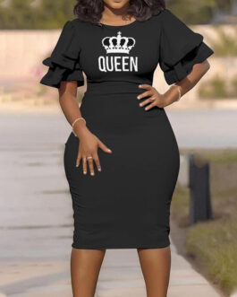Plus Size Office Stitching Printing  One-Step Dress Dress
