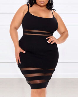 Plus Size Office Strap Type Mid-Dress Striped Medium-Waist Black  Women Dress