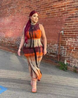 Plus Size Summer  Tight Sexy Tie Dye Split Dress