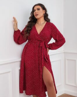 Plus Size Swing Artistic Red  Dress Cotton Office Polka Dot Long Sleeve Women Clothing