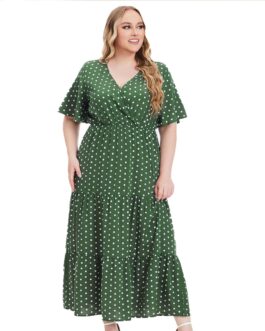 Plus Size Women Clothing Women V neck Polka Dot Short Sleeve Dress