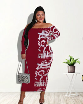 Plus Size Women Clothing Summer New Graffiti off-the-Neck Dress