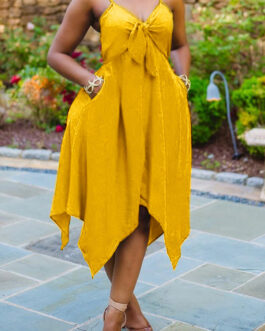 Plus Size Women Clothing Summer Sling Cinched Sleeveless V Neck Solid Color  Dress