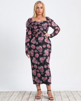 Plus Size Autumn Sping Floral Printed Square Collar One-Step Dress Office Fashion Dress Dresses