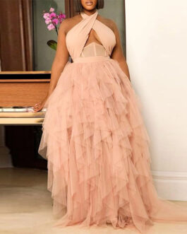 Plus Size Wedding  Women Dress Evening Dress Pink Halter Dress Large Swing Tulle Dress