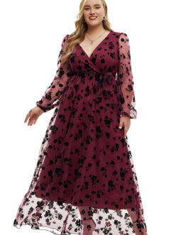 Plus Size Spring V Neck Long Sleeve Lace Up Dress Elegant Dress