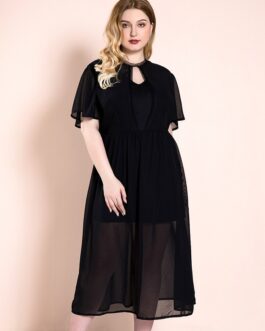 Plus Size Women Summer Ruffled Fairy Lace Black Dress Chiffon Vacation Dress