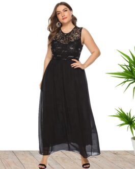 Plus Size Summer  Women Clothes Sleeveless Sequin Lace Chiffon Stitching Dress