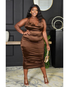 Plus Size Women Nightclub Halter Lace-up Pleated Zipper Glossy Dress