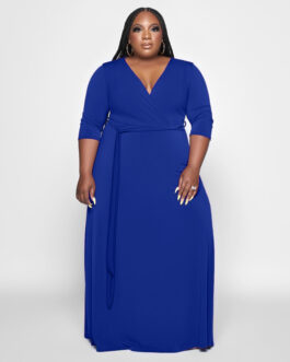 Plus Size Women Clothing with Belt Solid Color Stylish Loose  Dress