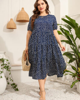 Plus Size Women Clothing Irregular Asymmetric Point Short Sleeve Dress Loose Round Neck Large Swing Dress