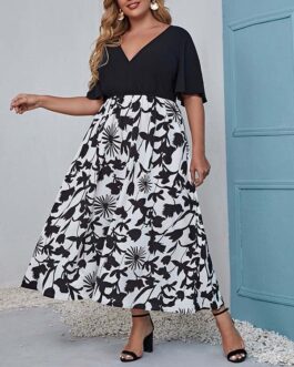 Plus Size Maxi Dress Pullover Elastic Waist Chiffon Printed Sexy V neck Dress Plus Size Women Clothing
