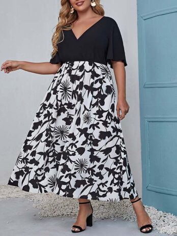 Plus Size Maxi Dress Pullover Elastic Waist Chiffon Printed Sexy V neck Dress Plus Size Women Clothing