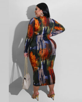 Plus Size Women Clothing Summer New Printed round Neck Fit Long Sleeve Dress