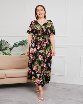 Plus Size High Waist Western V-neck Midi Dress Printed Black Sexy Trendy Dress