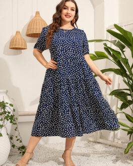 Plus Size Women Clothing Irregular Asymmetric Point Short Sleeve Dress Loose Round Neck Large Swing Dress