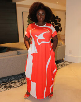 Plus Size Popular Spring Printed round Neck Long Creative Dress