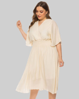 Plus Size Summer  Women Clothing Solid Color V-neck Waist-Controlled Flying Sleeves Dress