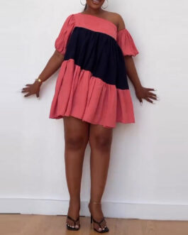 Plus Size Sexy Contrast Color One-Shoulder Lantern Sleeve Dress