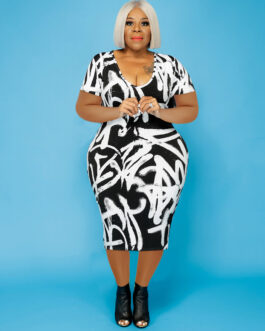 Plus Size Popular Short Sleeve Slim Print Office Lady Sheath Dress  Dress