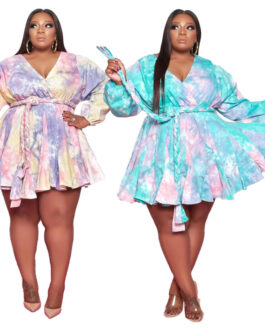Plus Size Printed V-neck Sexy Woven Large Swing Dress with Belt  Women Dress