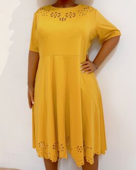 Plus Size Women Clothes Burnt Floral Hollow Out Cutout Out Cinched Short Sleeve Large Swing Dress Solid Color Dress
