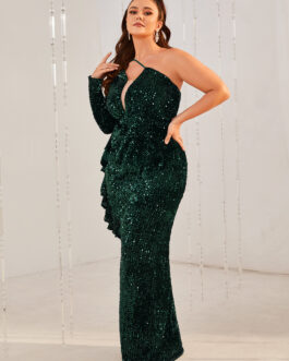 Plus Size One Shoulder Long Sleeve V neck Maxi Dress Women Sequin Dress Fishtail Dress