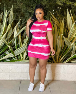 Plus Size Women Clothing Internet Celebrity Type Classic Tie Dye Printed Sheath Dress