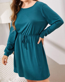 Plus Size Fall Winter  Women Clothes Dress Long Sleeve round Neck Lace up Home Nightdress