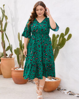 Plus Size Women’s Clothing Summer V Neck Short Sleeve Ruffled Elastic Waist Dress Midi Dress
