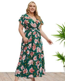 Plus Size Women Clothes Summer Short Sleeve Floral Print Slit Dress