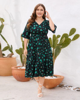Plus Size Summer Women V Neck Waist Trimming Ruffles Dress Floral Print Swing Dress