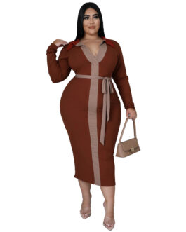 Plus Size Women Clothing Autumn Winter Multi-Color Mosaic Lace-up Elegant Sexy Dress for Women
