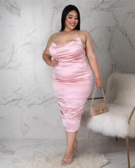 Plus Size Women Nightclub Halter Lace-up Pleated Zipper Glossy Dress