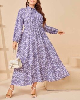 Plus Size Youthful Looking Broken Simple Elastic Waist Printed Dress Women