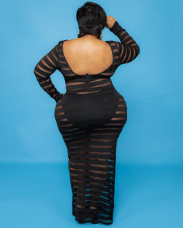 Plus Size Autumn New Sexy Women Clothing Breathable Mesh Stitching Solid Color Dress Nightclub Dress