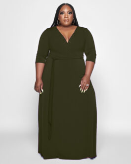 Plus Size Women Clothing with Belt Solid Color Stylish Loose  Dress