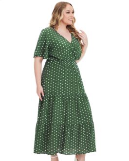 Plus Size Women Clothing Women V neck Polka Dot Short Sleeve Dress