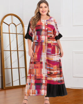Plus Size Printed Contrast Color Pocket Dress Long
