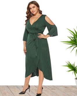 Plus Size Plus Size Summer  Women Clothes Short Sleeve Split Lace up off Shoulder Dress