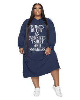 Plus Size Loose Midi Letter Graphic Dress Printing Ladies Hooded Sweater Dress