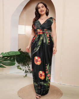 Plus Size Girls  Ice Silk Printed Dress Bohemian plus-Sized  V neck Maxi Dress