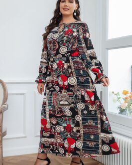 Plus Size Women Clothing Fashion Printed Long Sleeve Loose Dress