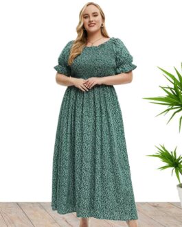 Plus Size Summer Autumn Women Clothes round Neck Smocking Dress