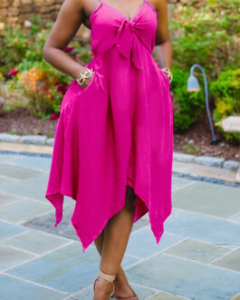 Plus Size Women Clothing Summer Sling Cinched Sleeveless V Neck Solid Color  Dress