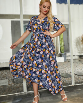 Plus Size Ladies  Summer V-neck Print Casual Flare Sleeve Slimming Large Hem Dress