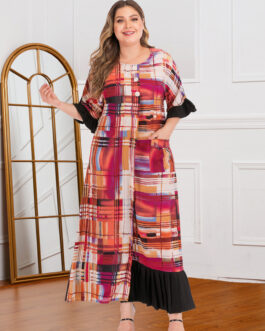 Plus Size Printed Contrast Color Pocket Dress Long