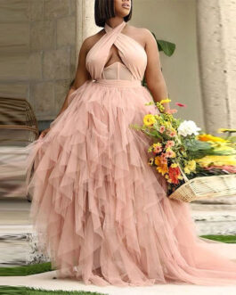 Plus Size Wedding  Women Dress Evening Dress Pink Halter Dress Large Swing Tulle Dress