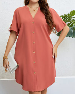 Summer V neck Buckle Loose Dress Women